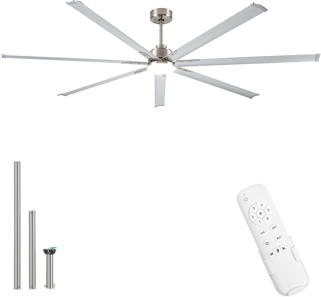 96 Inch Industrial Ceiling Fans with Light,Brushed Nickel HVLS Ceiling Fan with 6 Speeds Reversible Motor,High CFM Indoor/Outdoor Ceiling Fan with 7 Aluminum Blades for Barn shop,Commercial