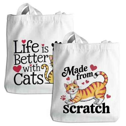 SDFBFVSA 2 Pcs Canvas Tote Bag for Women, Cat Print Shoulder Reusable Shopping Handbags Beach Shoulder Bag for Women Friend Sister Workmates Birthday Christmas Mothers Day Friendship Gifts