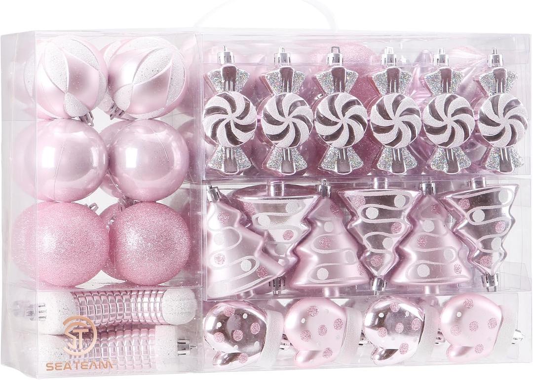 Sea Team 77-Pack Assorted Shatterproof Christmas Balls Christmas Ornaments Set Decorative Baubles Pendants with Reusable Hand-held Gift Package for Xmas Tree (Pink)