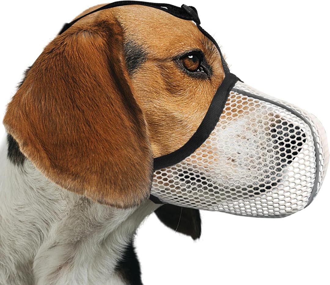 Dog Muzzle, Breathable Soft for Small to Medium Dogs to Anti & Prevent Barking Biting Chewing, Reflective & Adjustable Basket Muzzle with Air Mesh for Schnauzer Beige M