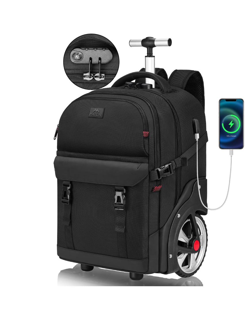MATEIN Rolling Backpack for Men with Wheels, 17 Inch Large Wheeled Backpack with USB Charging Port & Combination Lock, Water Resistant Anti Theft Travel Laptop Backpack for Adults Work Business, Black