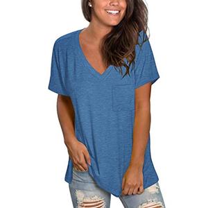 TODOLOR V Neck Shirts for Women Short Sleeve Loose Fitting Tunic Tops for Leggings Blue S