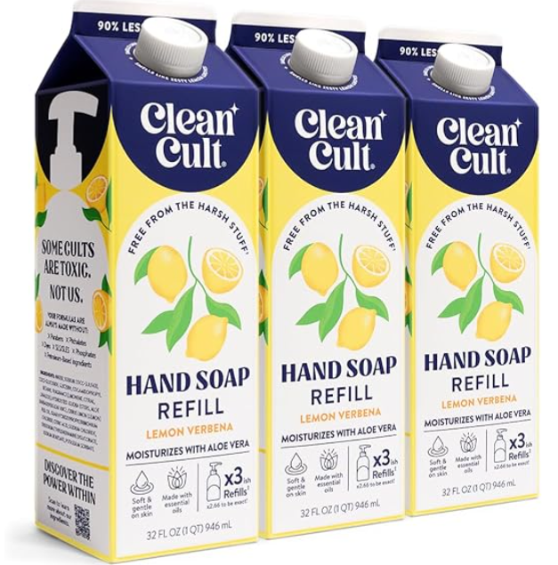Cleancult Liquid Hand Soap Refills - Lemon Verbena - Moisturizes Dry & Sensitive Skin - Made with Aloe Vera & Essential Oils - Eco Friendly - Paper-Based Packaging - 32 oz/3 Pack