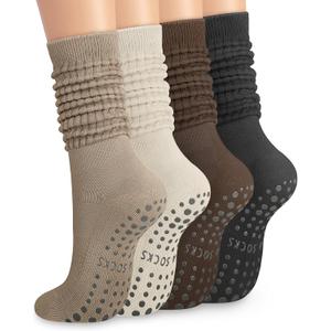 YSense 4 Pairs Pilates Socks with Grips for Women Non Slip Long Slouch Socks Yoga Grippy Sock Slouchy Barre Hospital Slipper (Black Coffee Khaki Milky White)