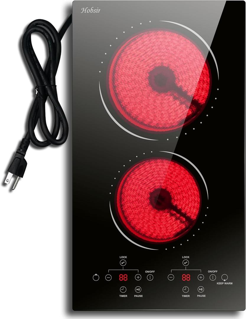 2 Burner Electric Cooktop Hobsir, 110v Plug In Electric Stove Top Burner, 2000W 12 Inch Two Burners Radiant Electrical Stove, Countertop and Built-in Ceramic Cooktop with Child Safety Lock, Timer, 12 Inch 2 Burner 22058