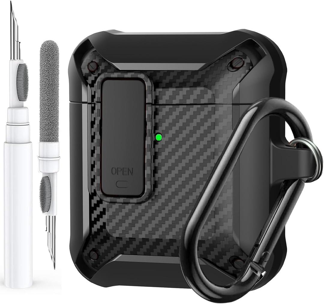 For Airpods 2nd 1st Generation Case Men Lock with Cleaner Kit, Rugged AirPod 2/1 Gen Protective Hard Cover Shockproof Skin Boys Women with Keychain for Apple iPods 2nd/1st Cases, Black