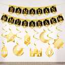 18 Pcs Eid Mubarak Banner, Ramadan Kareem Banner with Eid Mubarak Hanging Swirls Streamer Bunting, Ramadan Kareem Banner for Ramadan Decorations, Muslim Eid Mubarak Festival Garland Banner