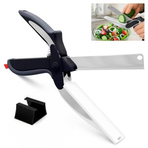 2 in 1 Kitchen Scissors for Food  Stainless Steel 9.5" Tomato Knife Chops Vegetables, Fruit, Cheese, Meat in Seconds | Dishwasher Safe Cutting Board Scissors with Safety Lock  Mess-Free Prep
