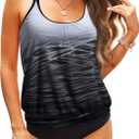 Tempt Me Blouson Two Piece Tankini Swimsuits for Women Tummy Control Bathing Suits with Bottoms Modest Loose Fit Swimwear (Large, Gray Gradient)