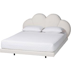Baxton Studio Barrera Floating Platform Bed with Scalloped Headboard - Low Profile Minimalist Boucle Upholstered Bed Frame, Cream, Queen