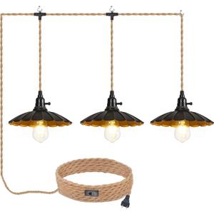 3-Light Plug in Pendant Light Fixtures Chandelier with Switch 22FT Industrial Ceiling Hanging Lamp Cord Farmhouse Cable DIY Including DIY Lotus lampshade (Brown)