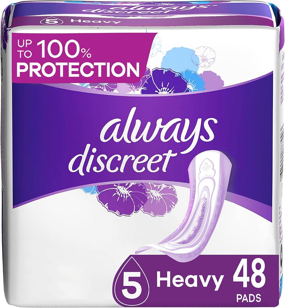 Always Discreet Incontinence Pads for Women and Postpartum Pads, Heavy, 48 CT, up to 100% Bladder Leak Protection