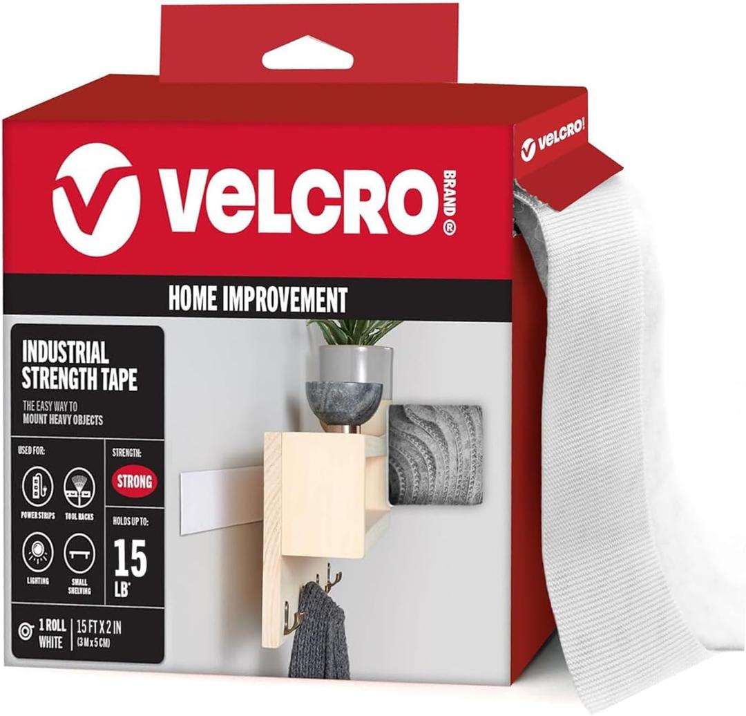 VELCRO Brand Industrial Strength Fasteners | Stick-On Adhesive | Professional Grade Heavy Duty Strength Holds up to 10 lbs on Smooth Surfaces | Indoor Outdoor Use | 15ft x 2in Tape, White