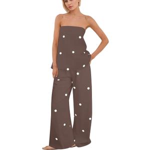 Women Polka Dot 2 Piece Outfits Spot Strapless Tube Top High Waist Wide Leg Pants Lounge Set Summer Tracksuit (Large, Brown)