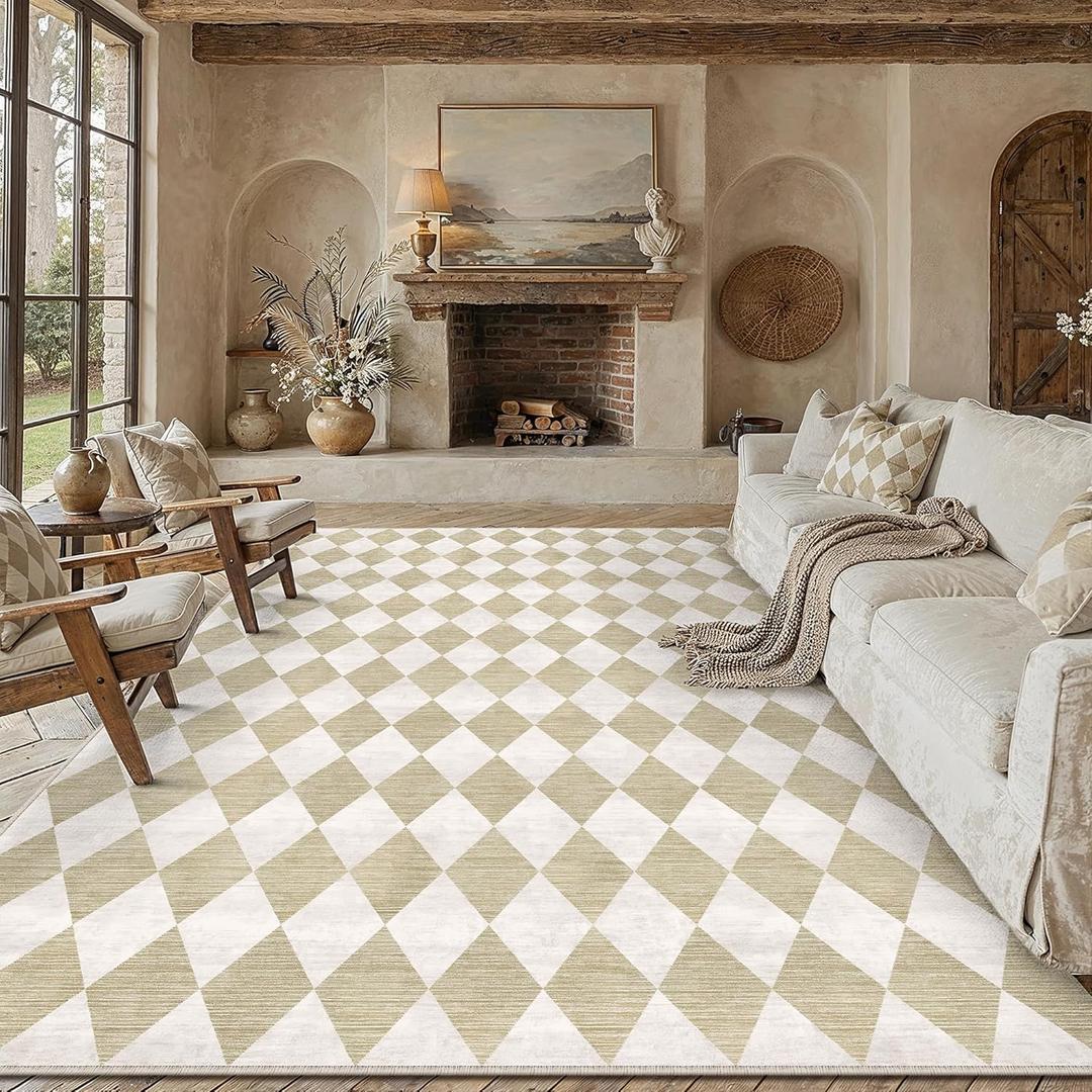 8x10 Checkered Beige Area Rug for Living Room Bedroom Washable Soft Modern Non Slip Large Throw Rug Lightweight Low Pile Neutral Carpet Dining Room Office Classroom Nursery Playroom
