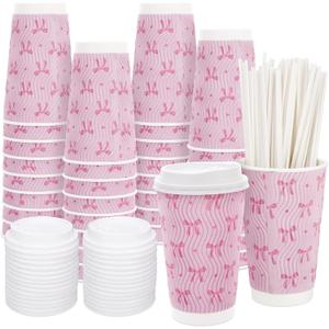 50 Set 16 Oz Pink Bow Disposable Coffee Cups with Lids and Straws Coquette Bowknot Corrugated Paper Drinking Cups for Hot Cold Drinks Birthday Baby Shower Bachelorette Party Supplies