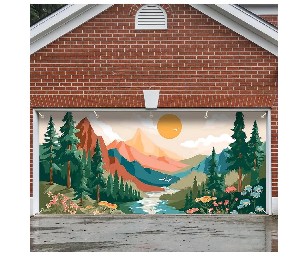 7x16 FT Mountain Sunrise Garage Door Banner - Forest River Landscape Art, Large Indoor Outdoor Cover, Nature Theme Decoration for Home, Yard, Cabin Getaway (probably different drawing)