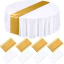 Tudomro 8 Pcs White and Gold Round Plastic Tablecloth and Satin Table Runner Set 84 Inch Round Covers 12 x 108 Inch Table Runners for Wedding Birthday Party Baby Shower Anniversary