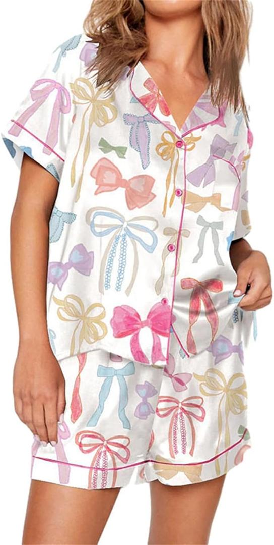 Raruxxin Women Cute 2 Piece Pajama Set Bow Print Button Short Sleeve Shirt High Rise Shorts Y2k Silky Pjs Loungewear Outfits, Medium