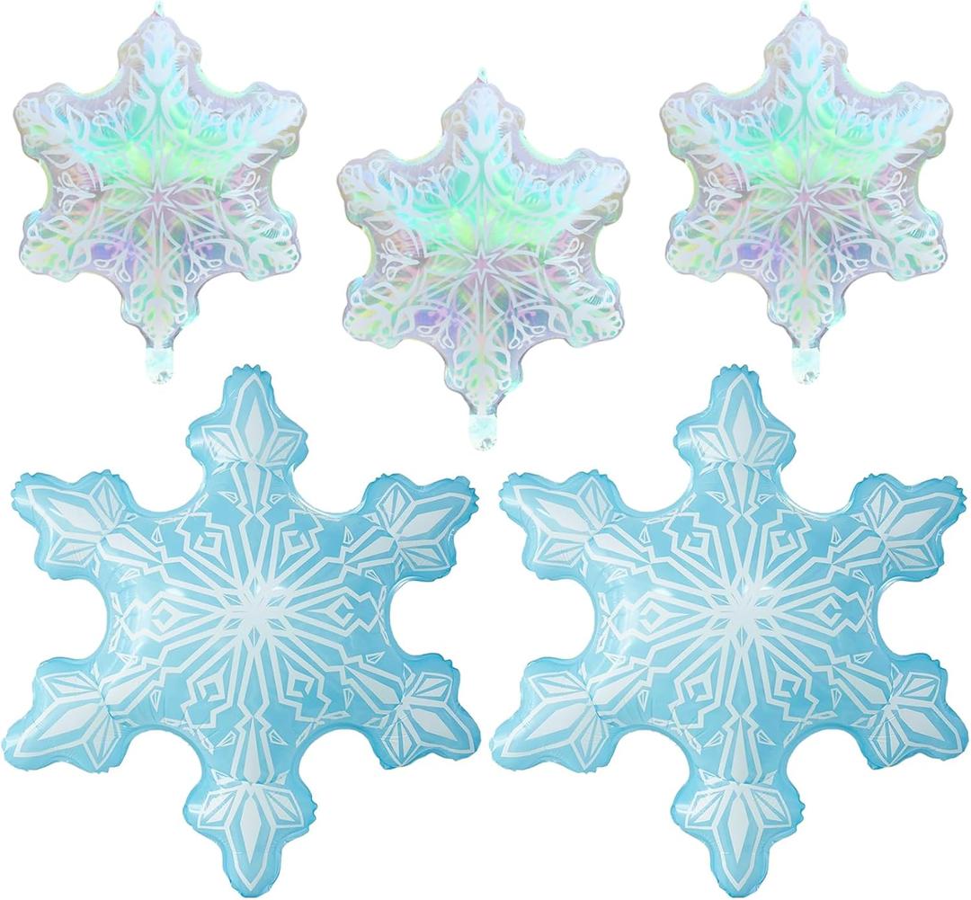 5 Pcs Snowflake Balloon Blue Iridescent Foil Balloons for Winter Christmas New Year Holiday Ice Snow Wonderland Themed Birthday Party Decorations