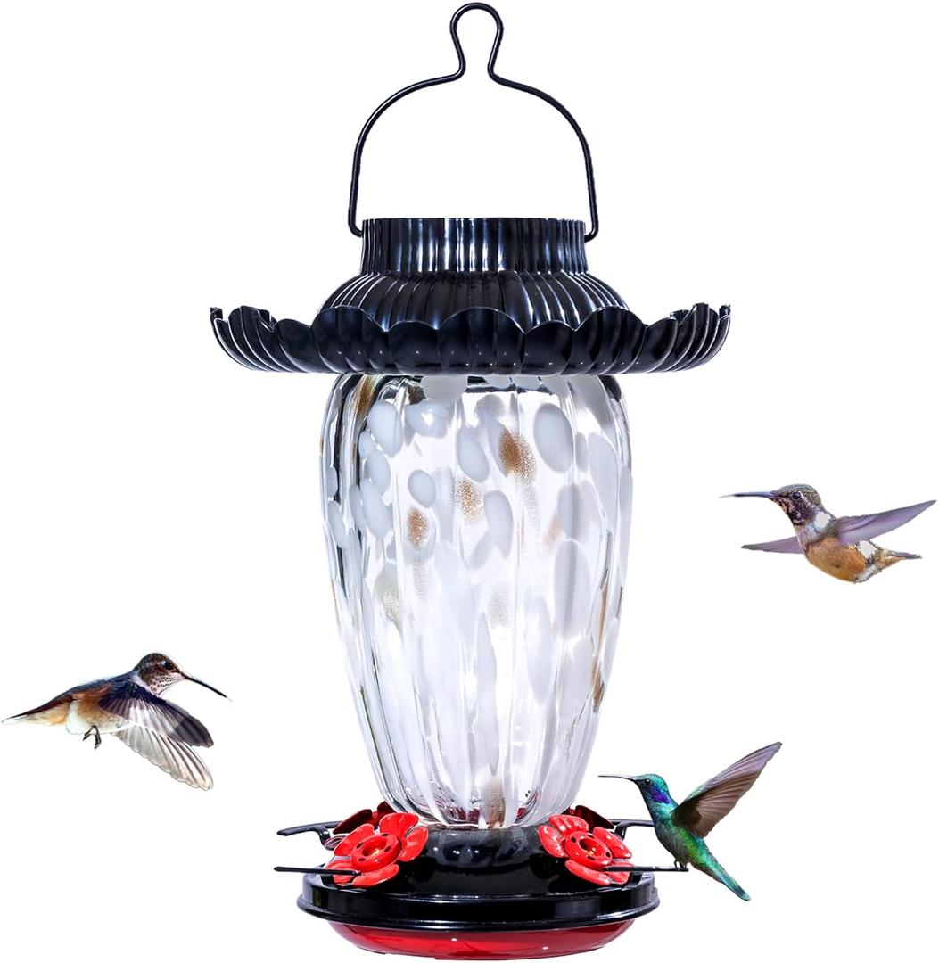 Muse Garden Solar Hummingbird Feeders for Outdoors Hanging, 38oz Hand Blown Glass Humming Bird Feeders for Garden Decor, Moms Birthday Unique, White