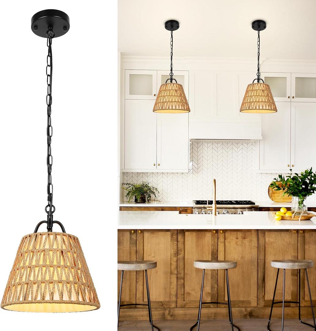 Rattan Pendant Light with Woven Basket Shade, Boho Farmhouse Pendant Light Fixture, E26 Hanging Light with Adjustable Chain for Kitchen Island Dining Room Bedroom Entryway