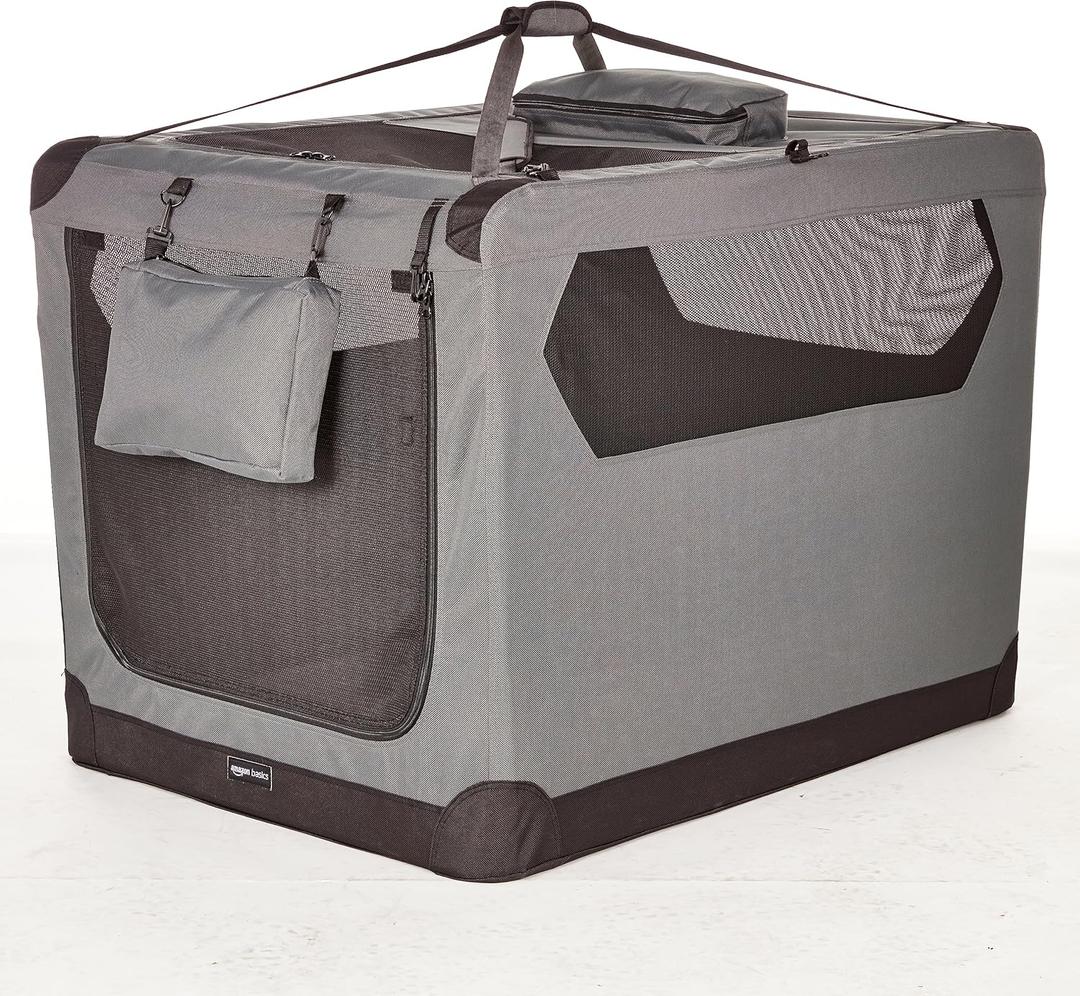 Amazon Basics Portable Foldable Soft Pet Dog Crate Carrier Kennel with Mesh Windows, Ventilation, Pockets for Large Dogs, 42 x 31 x 31 inches, Grey