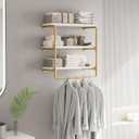 HOMEKAYT 24" Industrial Pipe Shelving, Floating Wall Shelves 3 Tier Gold Shelves with Haning Rod Multiple Use for Kitchen, Bedroom,Living Room,Bathroom