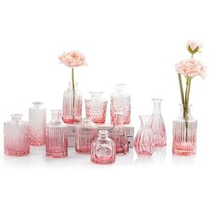 TBWIND Pink Glass Bud Vases Set of 12, Vintage Mini Vases for Centerpieces, Glass Bud Vase in Bulk for Wedding Decor, Single Flowers, Office and Home Table Flower Décor