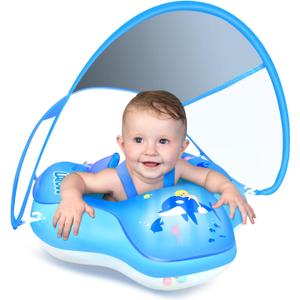 LAYCOL Baby Swimming Float Inflatable Baby Pool Float Ring with Sun Protection Canopy,add Tail no flip Over for Age of 3-36 Months (Large, deepblue)