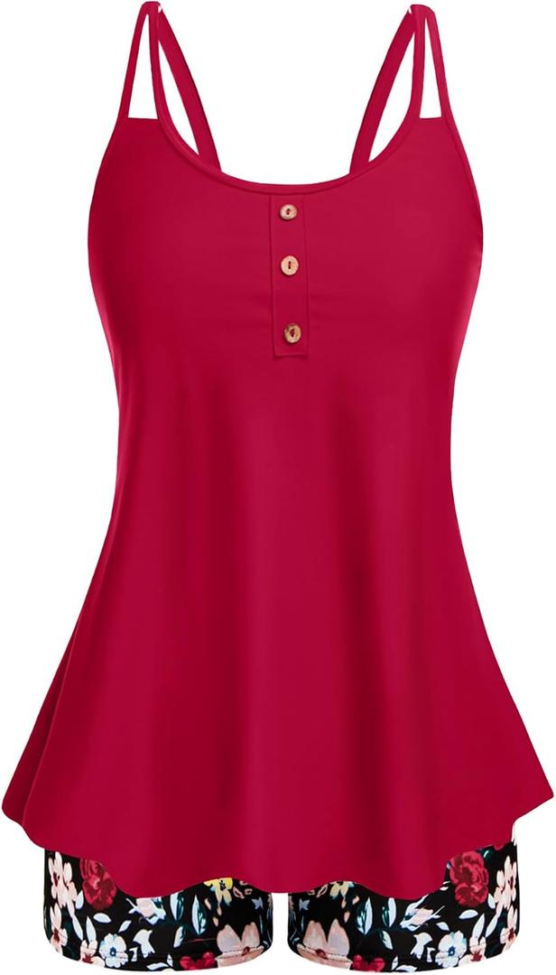 Women Tankini Swimsuit with Shorts - Flowy Two Piece Swimsuits Tummy Control Bathing Suits 2025 Swimwear (Large, Red and Floral)