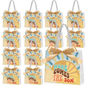Spakon 25 Sets Here Comes The Son Baby Shower Party Favor Bags Boho Sun Gift Bags with Handles and Bow Ribbons for Baby Shower Birthday Party Decoration Supplies Goodie Souvenirs Treat