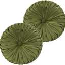 HIG Set of 2 Decorative Round Pleated Throw Pillows, Classy Accent Pumpkin Throw Pillows with Center Button, Vintage Velvet Floor Pillows for Sofa Couch Vanity Chair Bed, Olive, 14.5" Diameter(Ripple) (2 Count (Pack of 1))