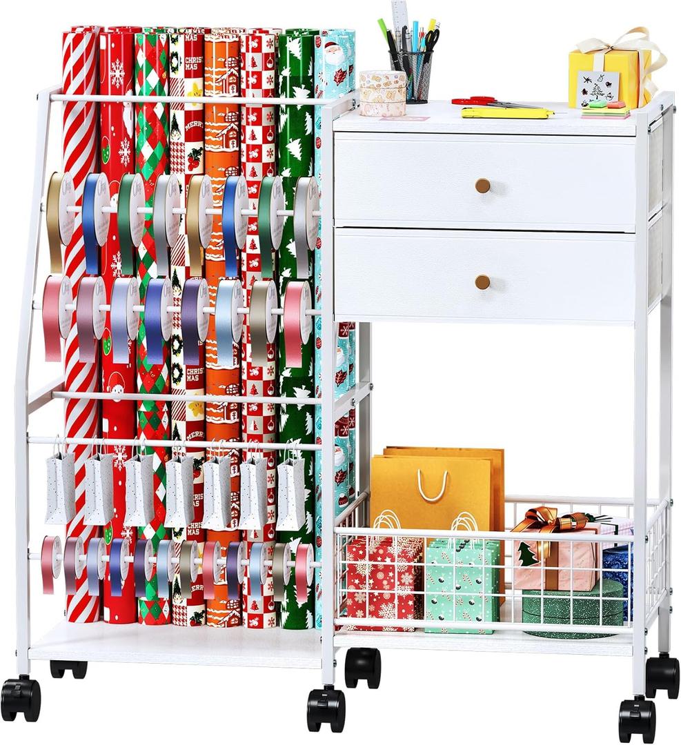 TC-HOMENY Wrapping Paper Organizer with Wheels, Ribbon Organizer and Gift Wrap Rack with 2 Large Drawers, Blueprint Poster Holder, Craft Organizer, Christmas Paper Storage Containers with Wheels