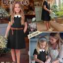 Summer Dress for Girls Doll Collar Short Sleeve A Line Swing Party Dresses with Pocket for Kids Aged 9-10 Years (Black)