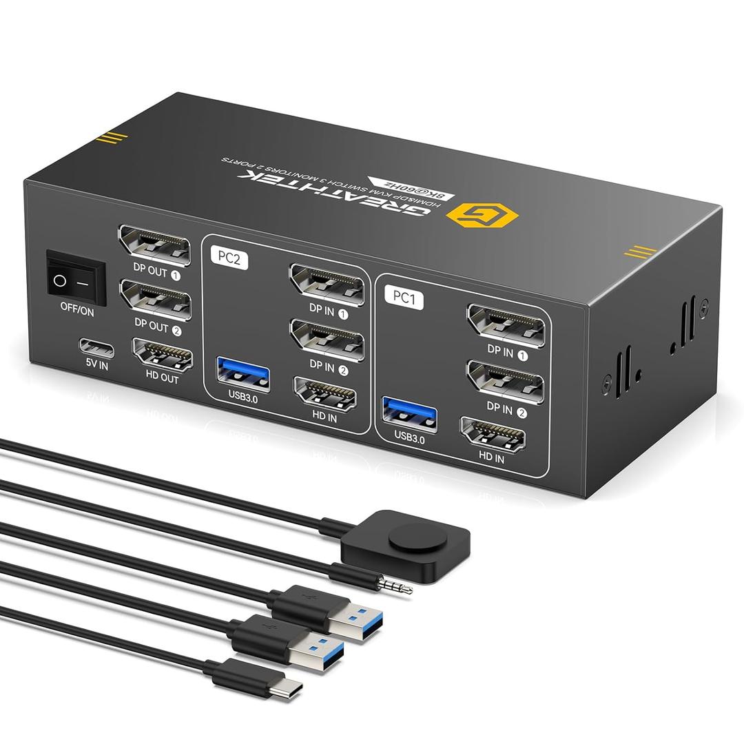 8K HDMI+Displayport KVM Switch 3 Monitors 2 Computers 8K@60HZ/4K@144HZ USB3.0 KVM Switcher 2 Ports for 2 PC/Laptop Sharing Keyboard&Mouse and 2 Screens, Wired Controller Included,EDID Adapative