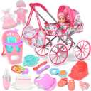 Baby Doll Stroller Toy Set with 12.5'' Doll and Accessories- 2 Doll Clothes, Diaper, Dining Chair, Pacifier, Storage Bag, Baby Doll Stroller Toys for Girls Toddlers 3-5 4-6 5-7 Gifts for Pretend Play