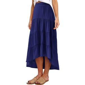 PRETTYGARDEN Women's Ditzy Floral Print Midi Skirt Boho Elastic High Waist Long Skirts for Women Trendy High Low Hem (Brown, S)