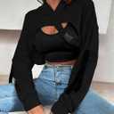 BEJONS Women Long Sleeve Cropped Super Crop Top Hoodies Sweatshirt Aesthetic Punk Hip Hop Dance Sexy Rave Cloth (Black, M)