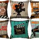 Movie Theater Throw Pillow Covers Vintage Cinema Poster Design With Popcorn,Filmstrip,Clapboard Pattern Cushion Cover Old Fashion Icons Home Decorative Pillowcases 18 X 18 Inch,Set of 6