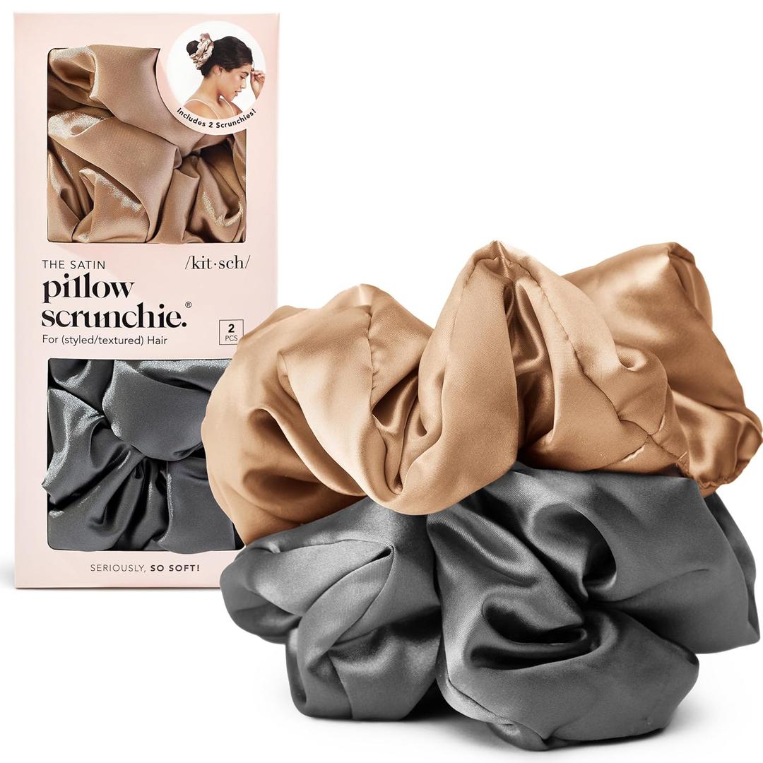 Kitsch Satin Scrunchies for Women - No Crease, Frizz Control | Softer Than Silk Scrunchies Gentle On Hair Scrunchies for All Hair Types | Stylish Hair Accessories - Charcoal & Gold, 2pcs