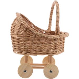 FRCOLOR Hand Woven Rattan Stroller, Wicker Baby Carriage for Baby Shower, Vintage Wicker Basket Flower Girl Baskets/Wedding Parties/Home Decoration/Flower Shop Display(13.77X10.43X7.48In)
