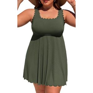 Charmo Women Plus Size Swim Dress Scalloped Square Neck One Piece Swimsuit Tummy Control Bathing Suit Rushed Swim Suits 2026 (2X, Green)