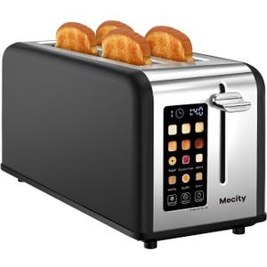 Mecity 4 Slice Toaster with Touchscreen Long Slot, Stainless Steel Smart Bread Toaster for Bagel Muffin Waffle Gluten Free Breads, Timer, Defrost, Reheat, 120V 1400W (Matt Black)
