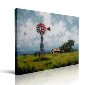 Rustic Windmill and Farmhouse Painting Canvas Wall Art Framed Print Country Landscape Artwork Serene Nature Scene Textured Brushstroke Wall Decor Vintage Style for Home Office Dining Room 16x24 Inches