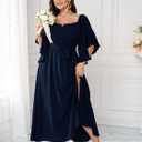 SCOMCHIC Women Plus Size Wedding Guest Maxi Dress Square Neck Ruffle 3/4 Sleeve Belted Slit A Line Formal Long Dresses (Blue, XXL)