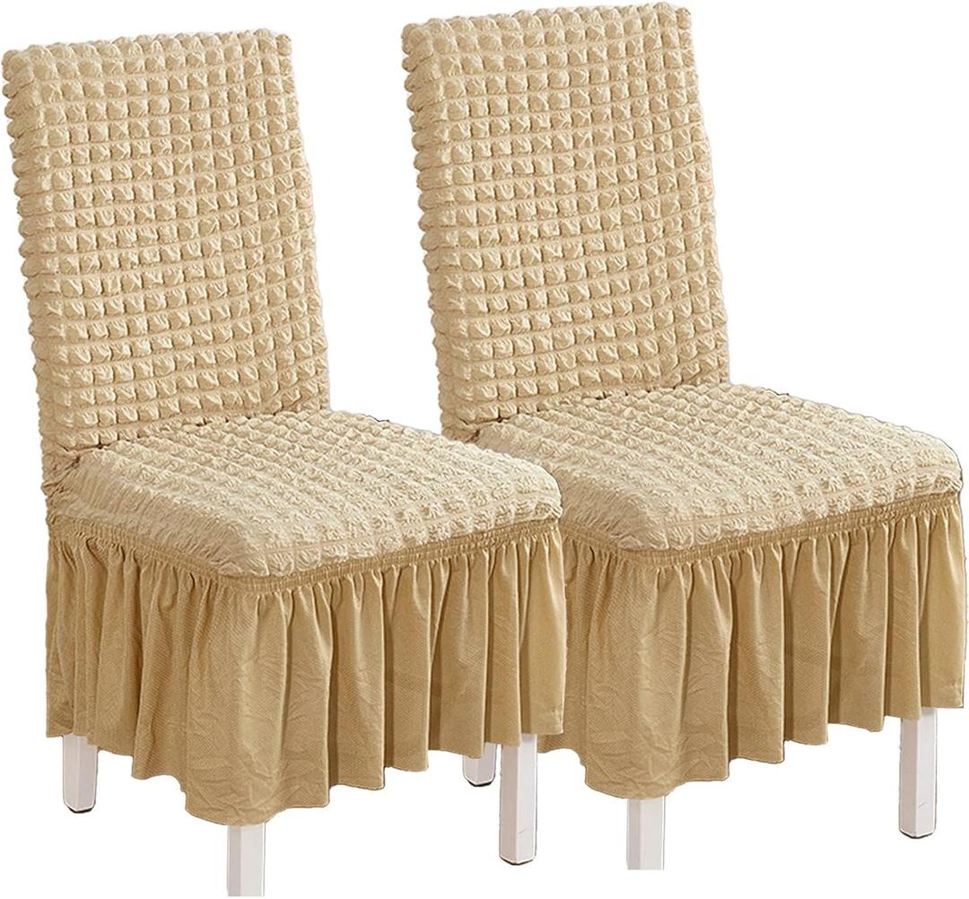 Elastic Dining Chair Covers 2 Pack - Stretch Washable Chair Slipcovers with Skirt Universal Fit for Home, Party for Kitchen, Holiday Decor (Beige, 2 Pack)