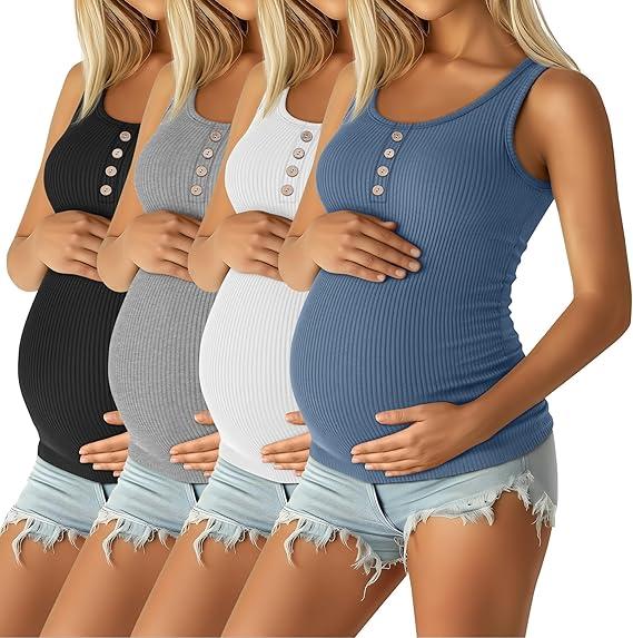 4 Pack Women's Maternity Tank Tops Henley Cotton Scoop Neck Shirt Ribbed Side Ruched Sleeveless Pregnancy Clothes XXL