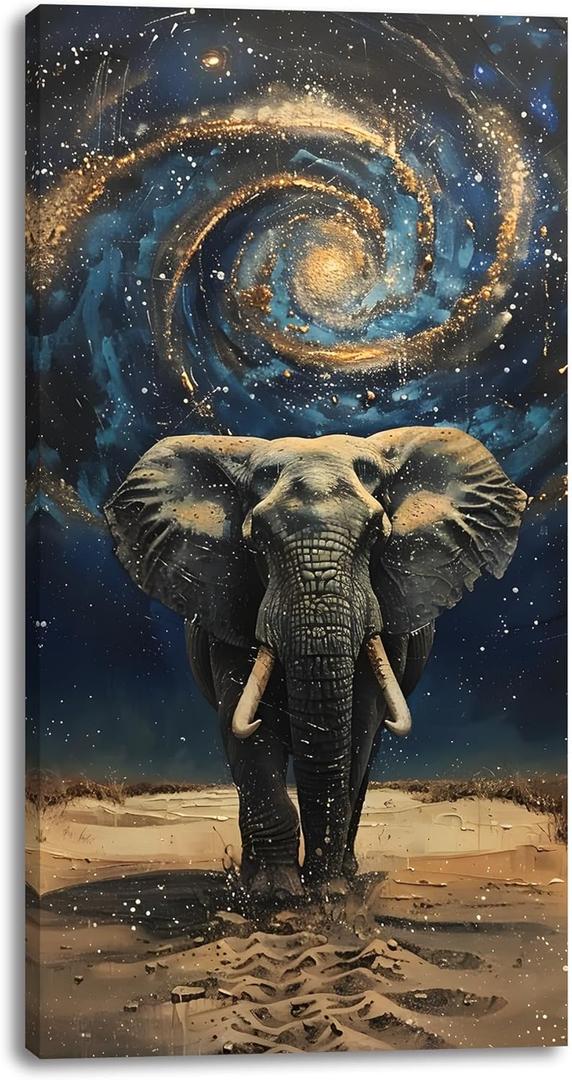 Palderwallart Galaxy Elephant Canvas Wall Art for Bathroom Bedroom Home, Surreal Animal Painting Print Picture Decor Artwork, Wrapped Gift Inner Frame 20x40 Inches