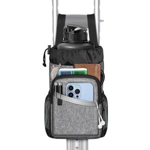 FINPAC Crutch Accessories Bag, Water-Resistant Storage Organizer Tote Bag with Drink Holder and Zipper Pouch for Crutches, Underarm Crutches Attachment, Gray